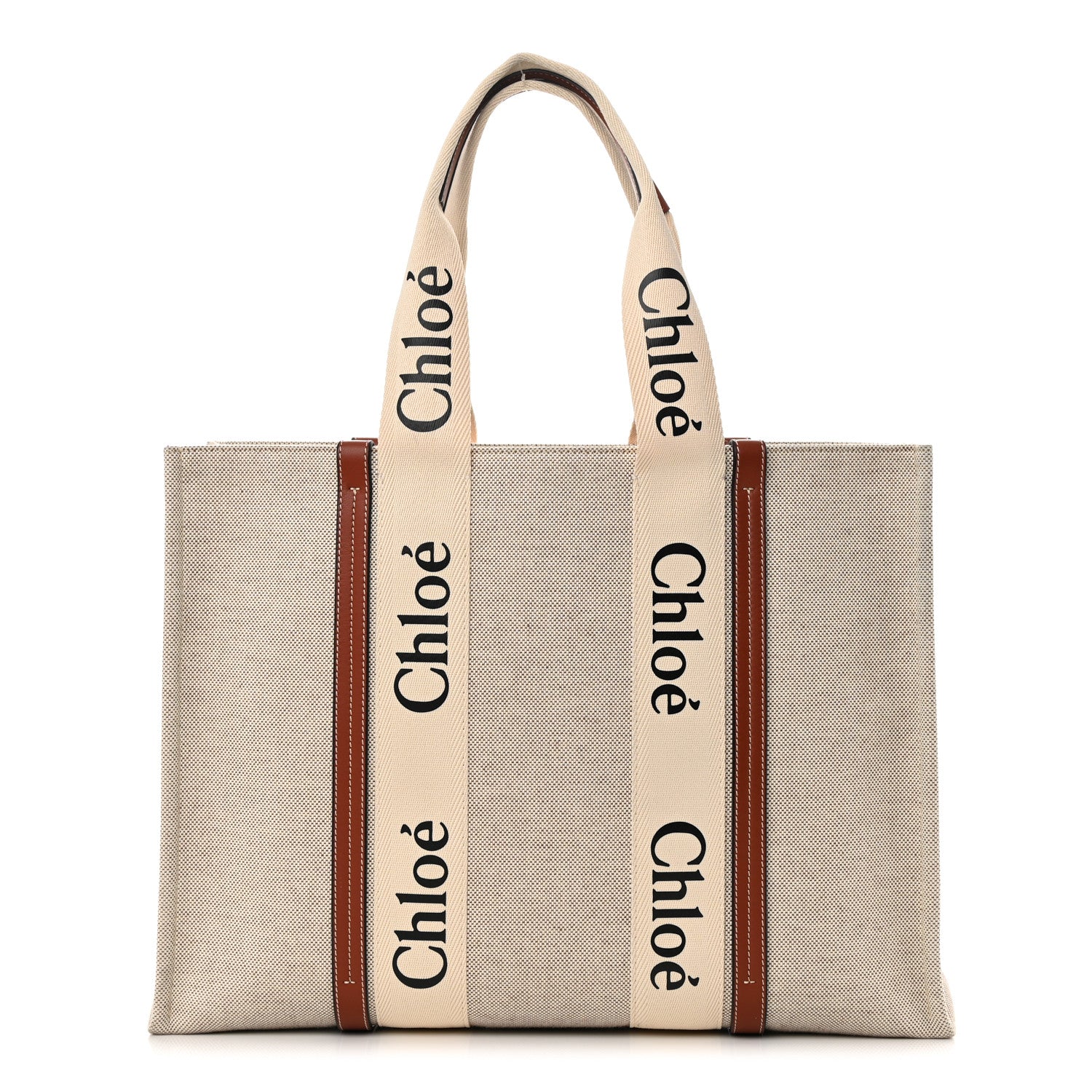Chloe Cotton Calfskin Large Woody Ribbon Tote White Brown 1 of 11