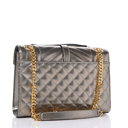 Saint Laurent Metallic Grain De Poudre Textured Mixed Matelasse Triquilt Medium Monogram Satchel Piombo 3 of 10