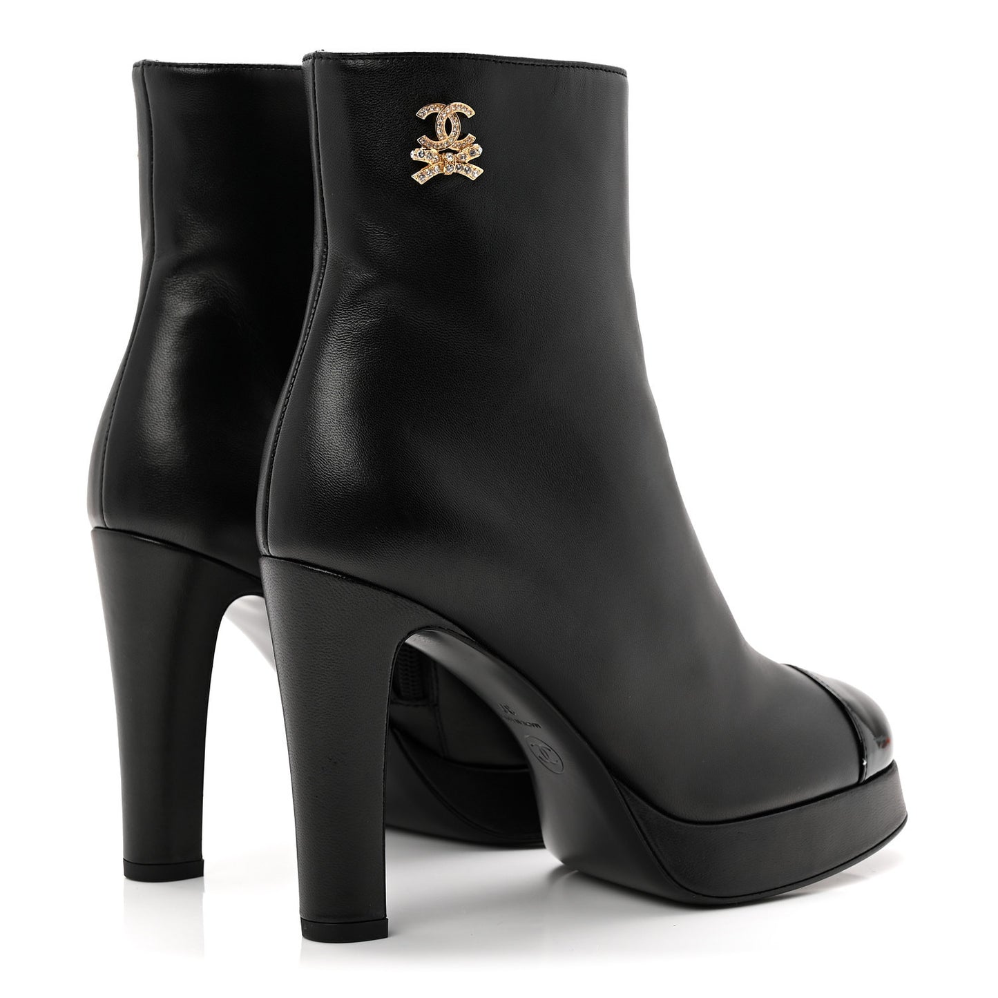 Lambskin Patent CC Crystal Bow Cap Toe Short Boots 37 Black