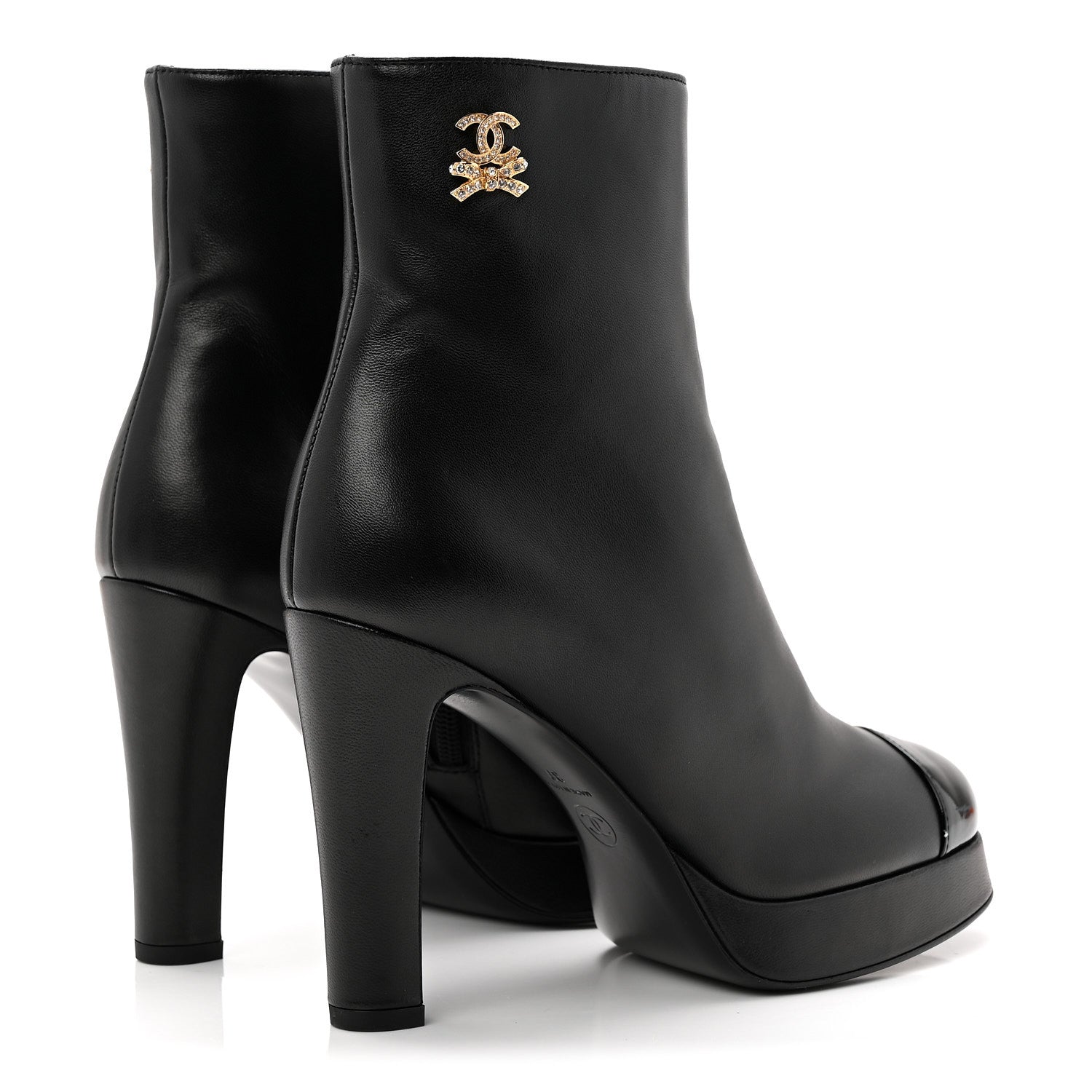 Chanel Lambskin Patent CC Crystal Bow Cap Toe Short Boots 37 Black 4 of 10