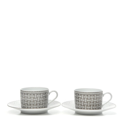 Hermes Porcelain Mosaique Au 24 Platine Tea Cup And Saucer Set Of 2 Platinum 1 of 7