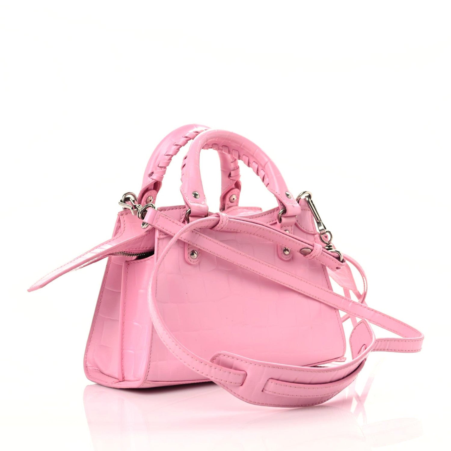 Balenciaga Semi Shiny Calfskin Crocodile Embossed Neo Classic Silver Hardware Mini City Pink 3 of 22