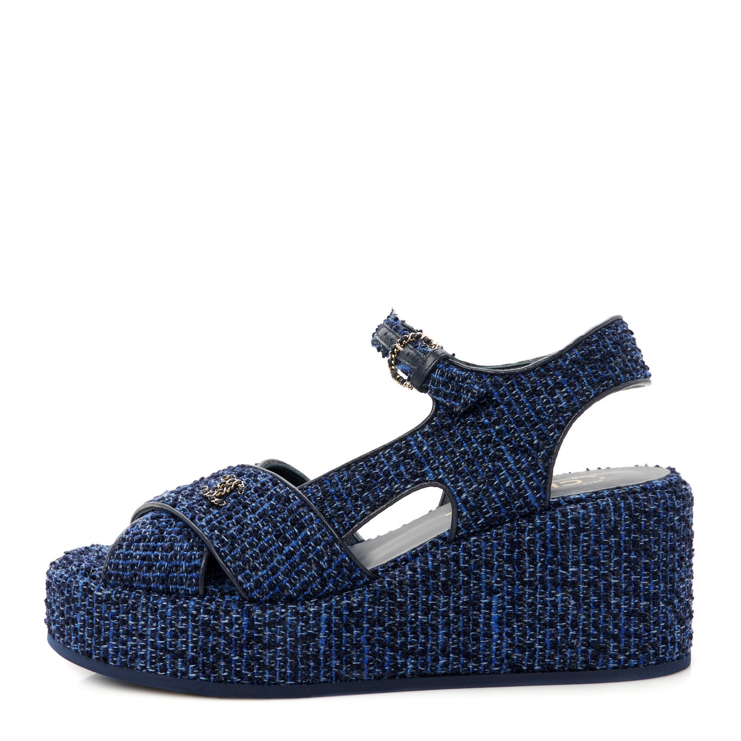 Silk Linen Tweed Quilted CC Platform Sandals 38.5 Navy Blue Gray