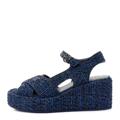 Chanel Silk Linen Tweed Quilted CC Platform Sandals 38.5 Navy Blue Gray 1 of 9