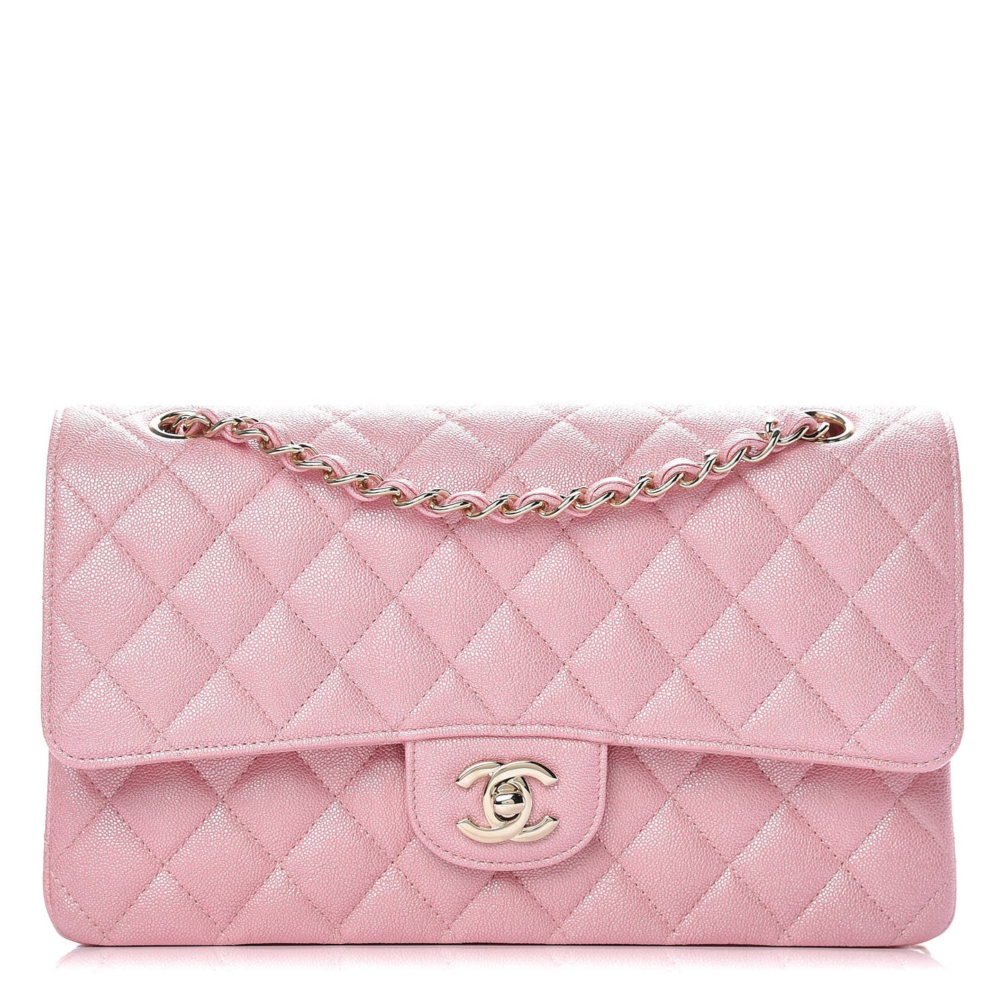 Iridescent Caviar Quilted Medium Double Flap Rose Pink