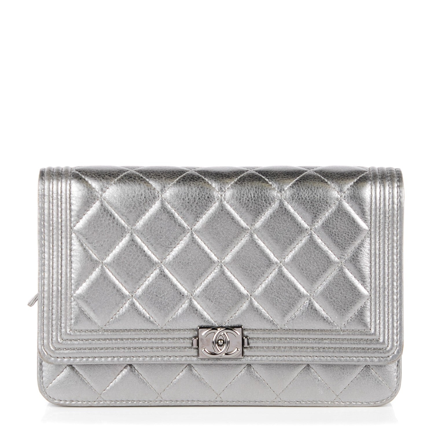 Chanel Metallic Distressed Calfskin Quilted Boy Wallet On Chain WOC Silver 1 of 8