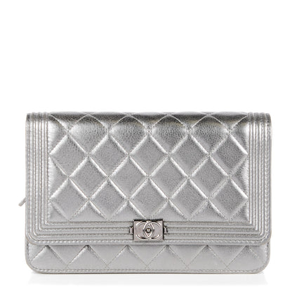 Chanel Metallic Distressed Calfskin Quilted Boy Wallet On Chain WOC Silver 1 of 8