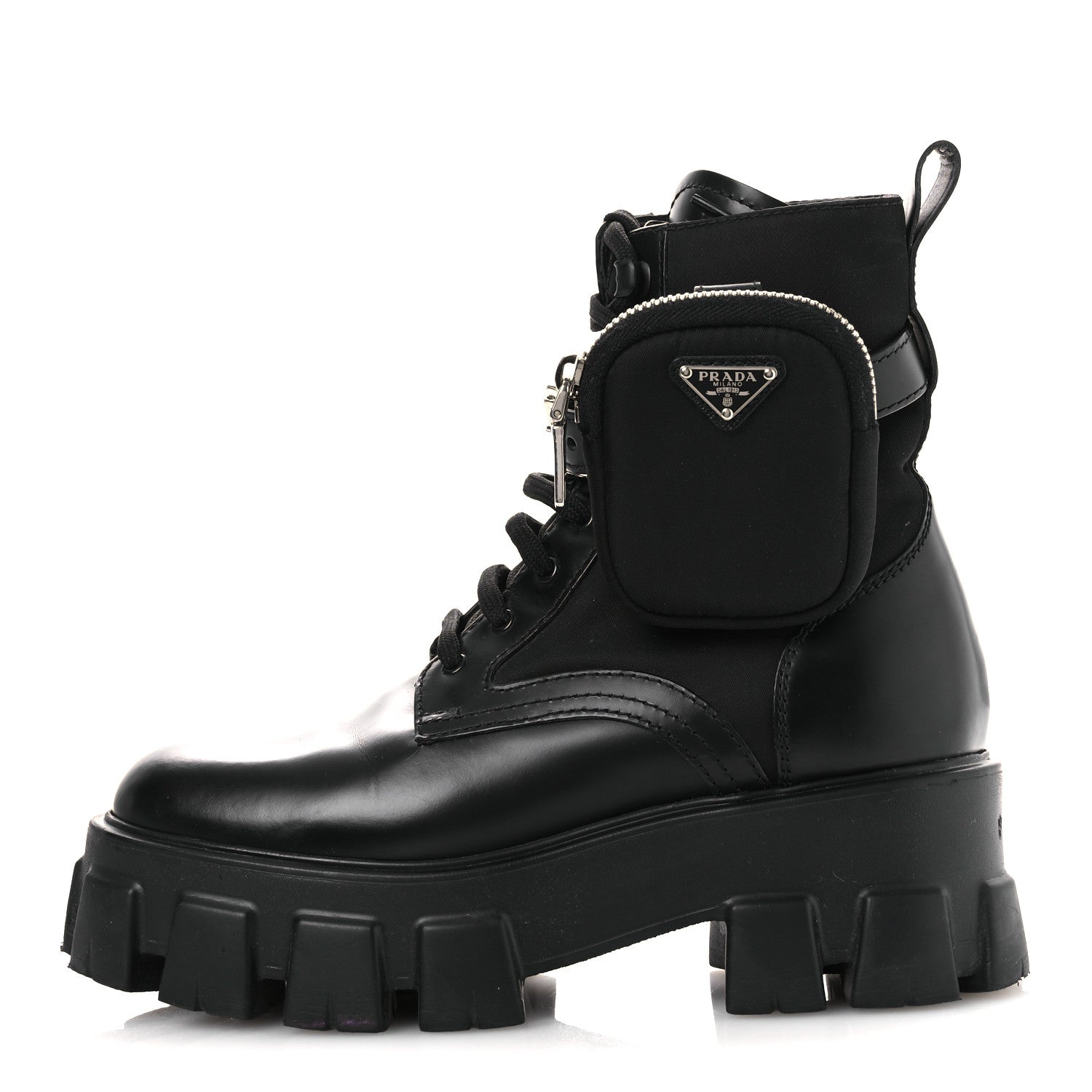 Prada Spazzolato Rois Nylon Metal Triangle Logo Monolith Pouch Pocket 55mm Boots 37 Black 1 of 12