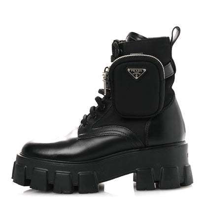 Prada Spazzolato Rois Nylon Metal Triangle Logo Monolith Pouch Pocket 55mm Boots 37 Black 1 of 12
