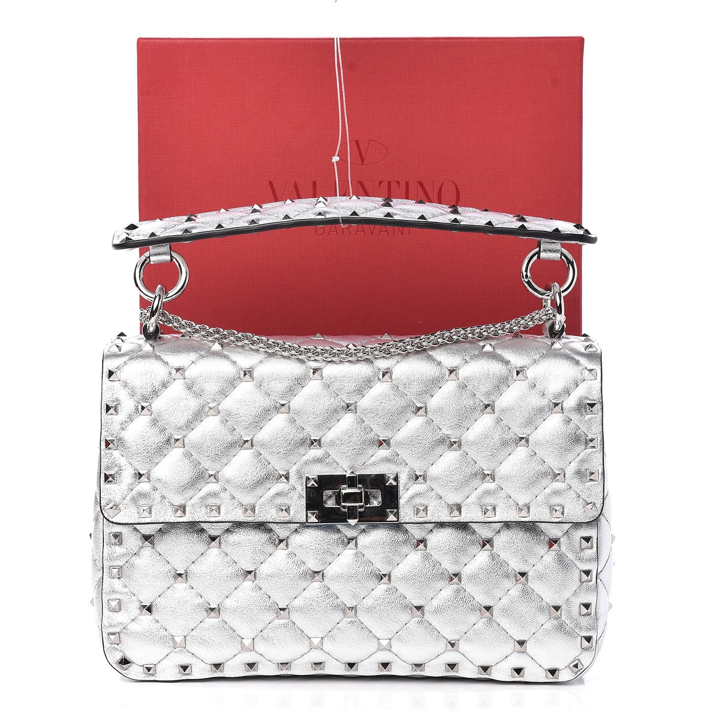 Metallic Nappa Medium Rockstud Spike Shoulder Bag Silver