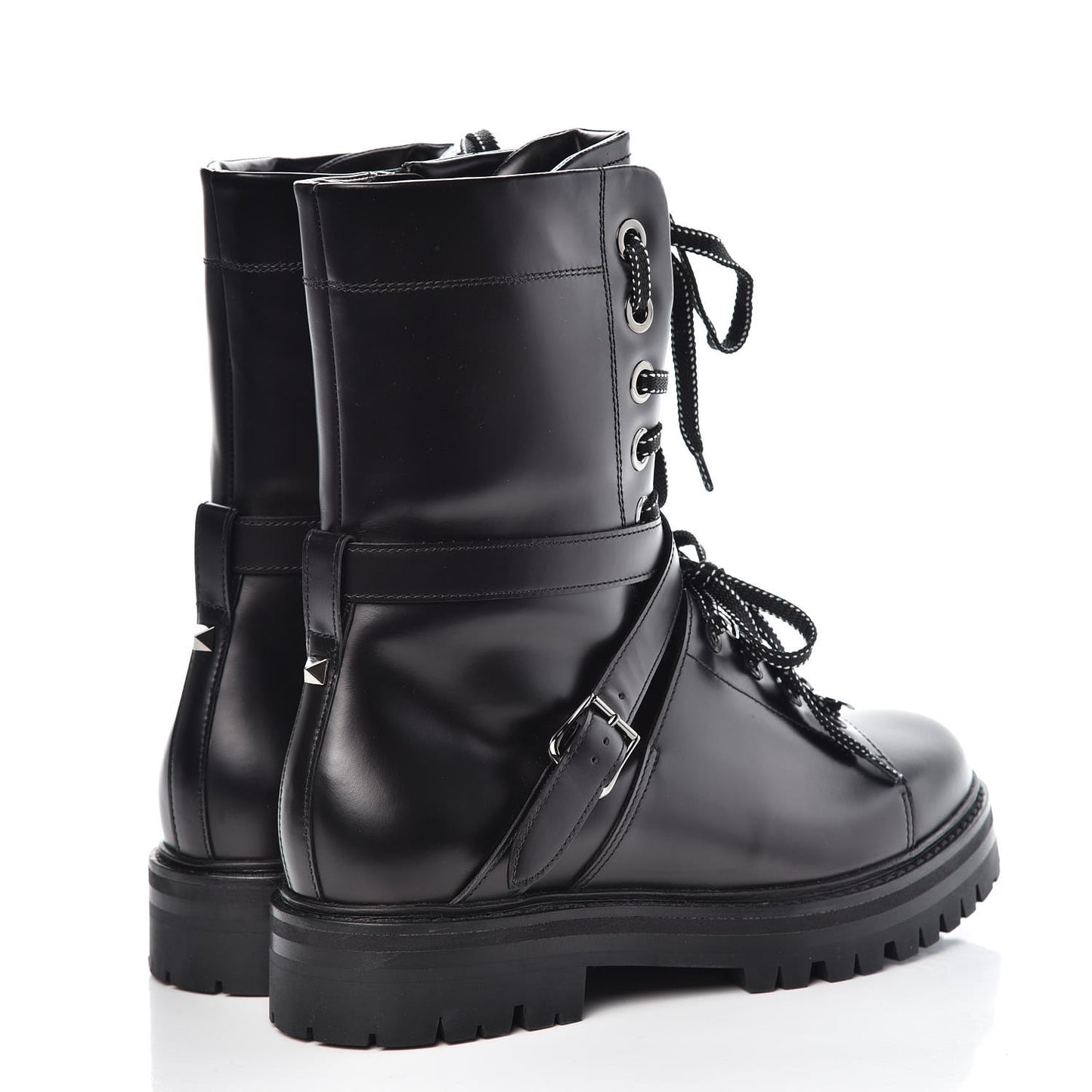 Smooth Calfskin Rockstud Buckled 25mm Combat Boots 38 Black