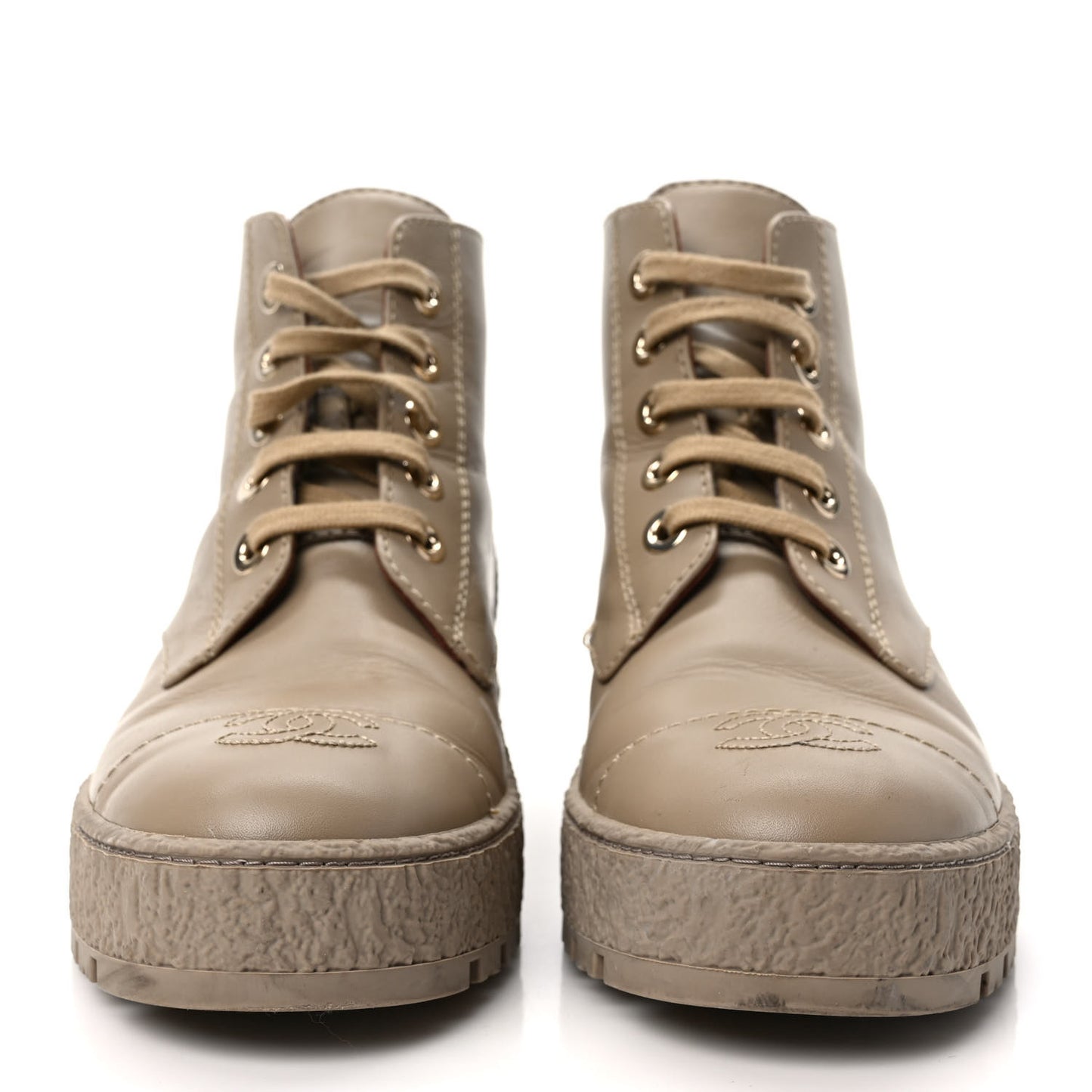 Calfskin CC Turnlock Lace Up Boots 38 Beige