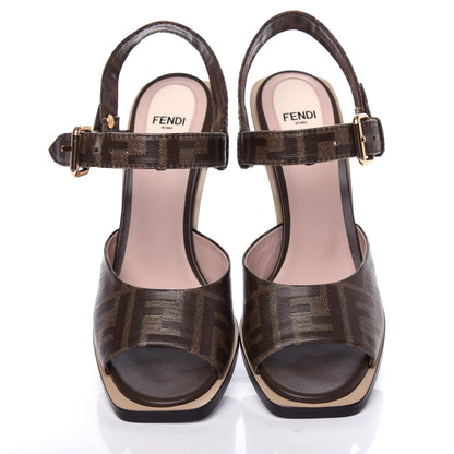 Fendi Glazed Fabric FF Wedge Sandals 38 Tobacco Moro 5 of 9