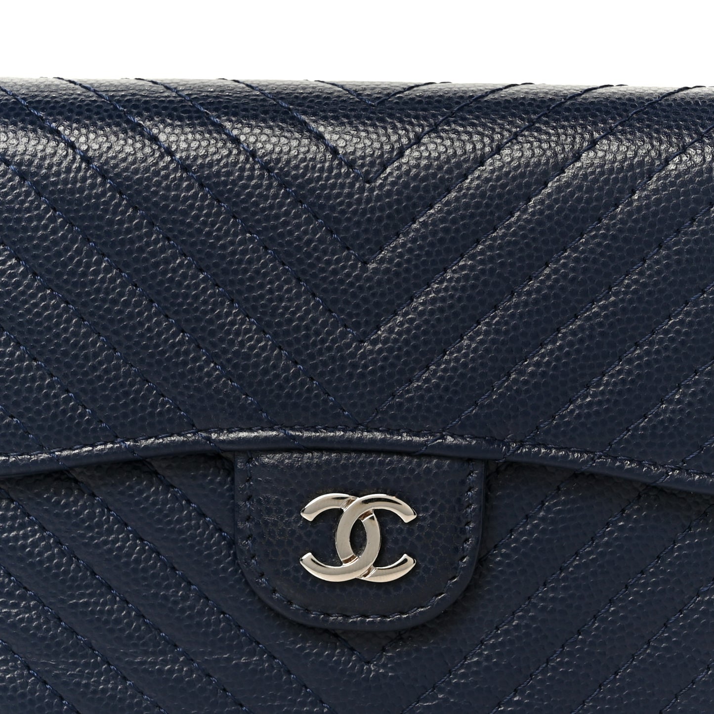 Caviar Chevron Quilted Compact Flap Wallet Navy
