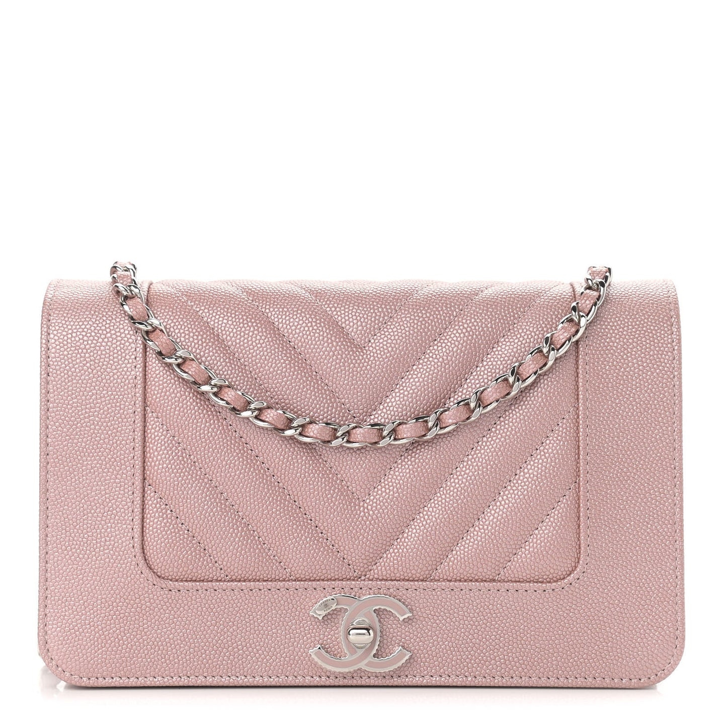 Metallic Caviar Chevron Quilted Vintage Mademoiselle Wallet On Chain WOC Pink