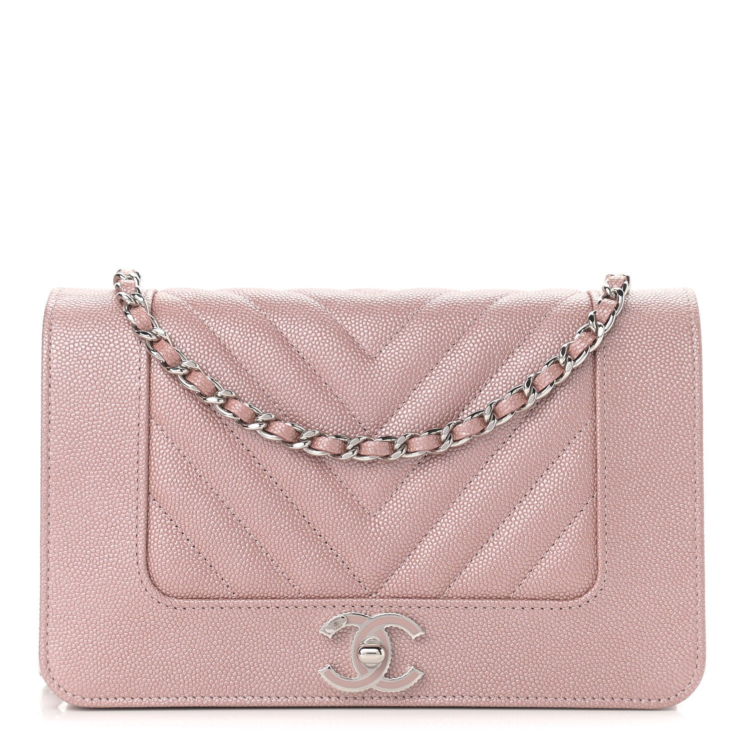 Chanel Metallic Caviar Chevron Quilted Vintage Mademoiselle Wallet On Chain WOC Pink 1 of 12