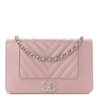 Chanel Metallic Caviar Chevron Quilted Vintage Mademoiselle Wallet On Chain WOC Pink 1 of 12