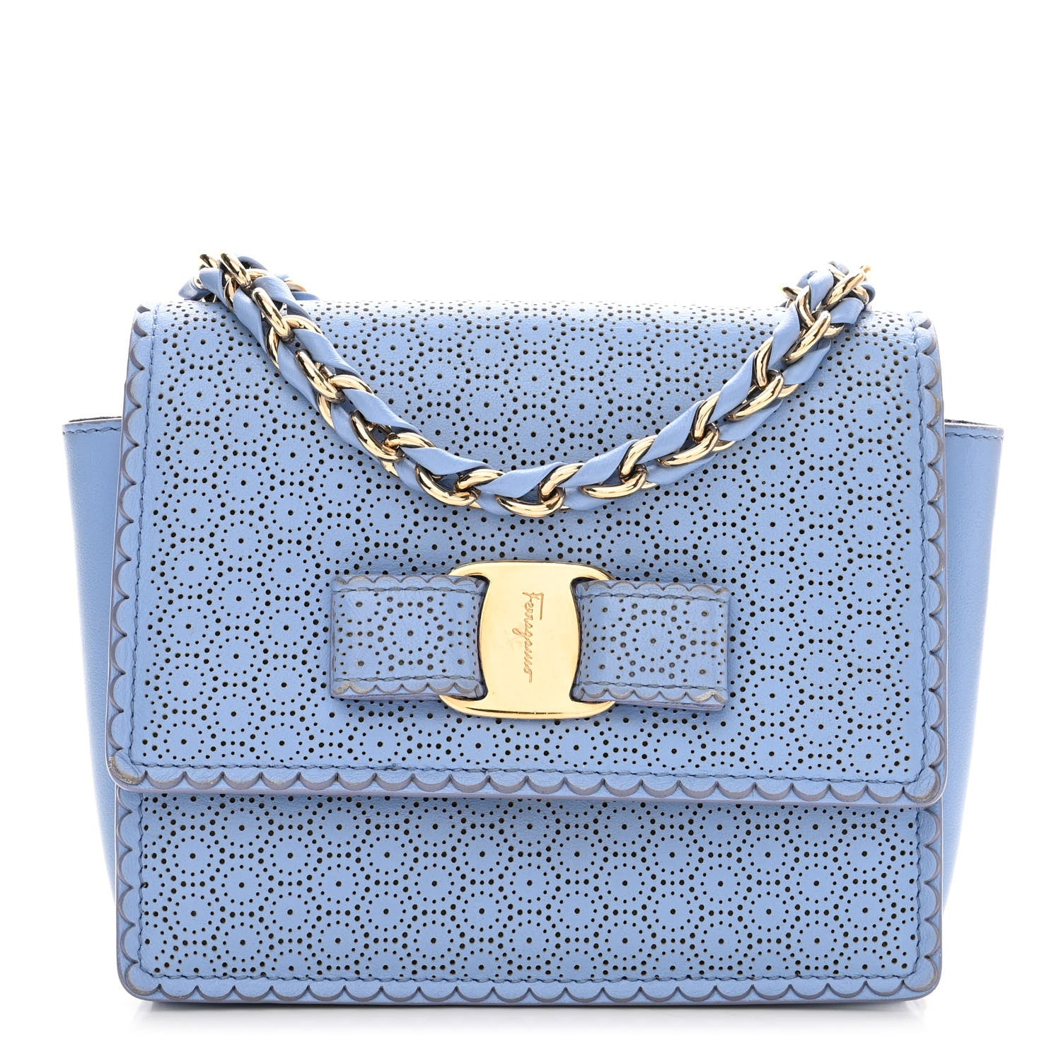 Salvatore Ferragamo Perforated Calfskin Mini Ginny Shoulder Bag Blue 1 of 9