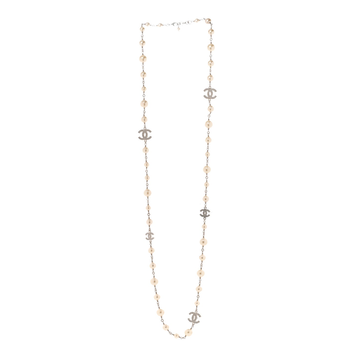 Graduated Pearl Crystal CC Long Necklace Silver