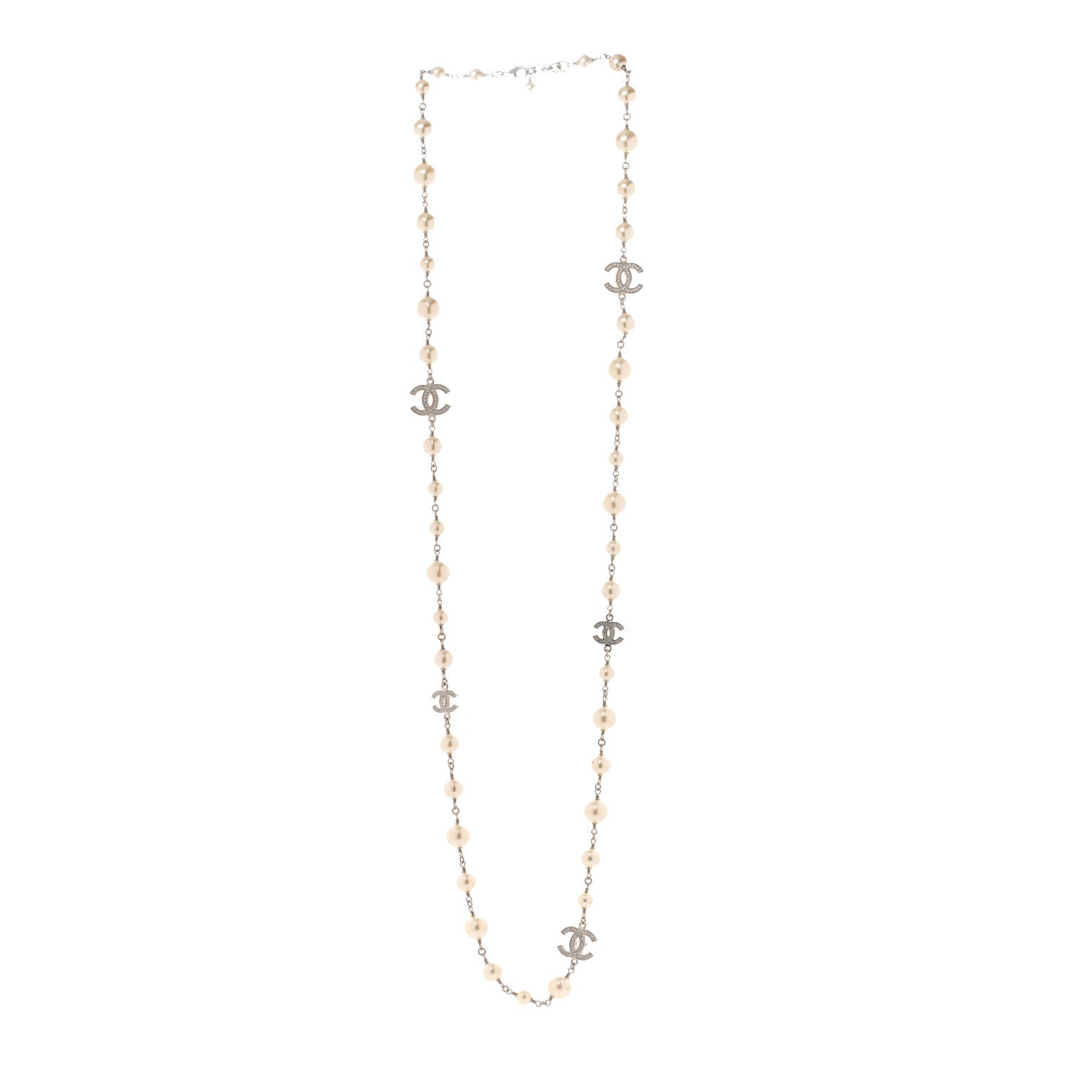 Chanel Graduated Pearl Crystal CC Long Necklace Silver 3 of 6