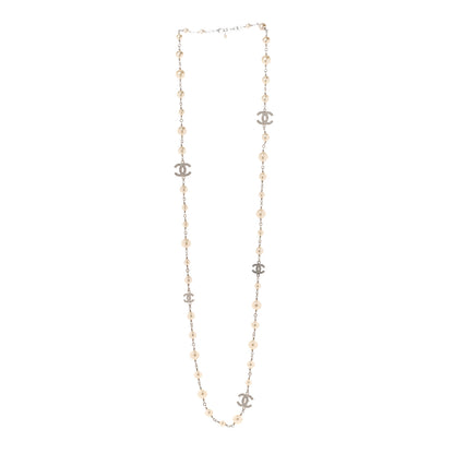 Chanel Graduated Pearl Crystal CC Long Necklace Silver 3 of 6