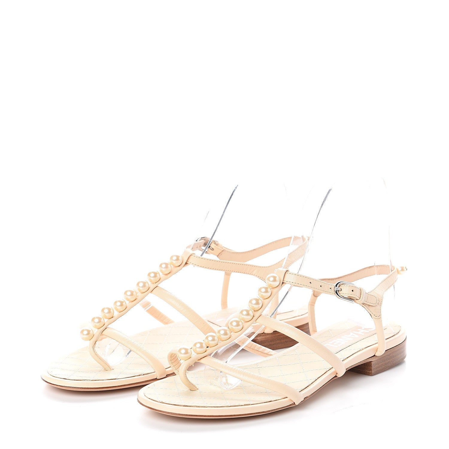 Chanel Lambskin Pearl Thong Sandals 37.5 Beige 3 of 7