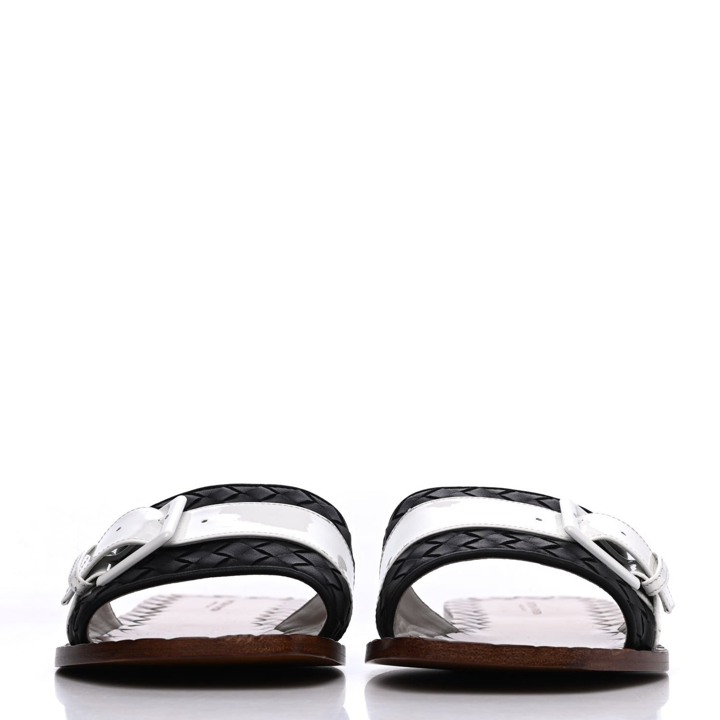 Nappa Intrecciato Patent Ravello Buckle Flat Sandals 40 Black White
