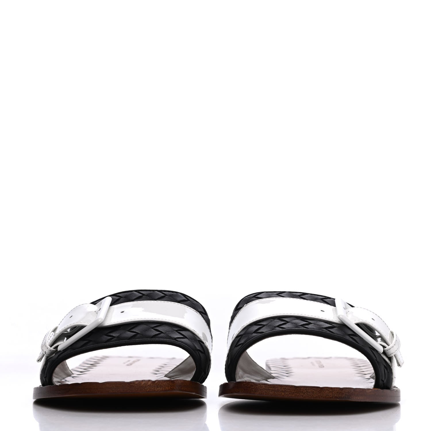 Bottega Veneta Nappa Intrecciato Patent Ravello Buckle Flat Sandals 40 Black White 5 of 15
