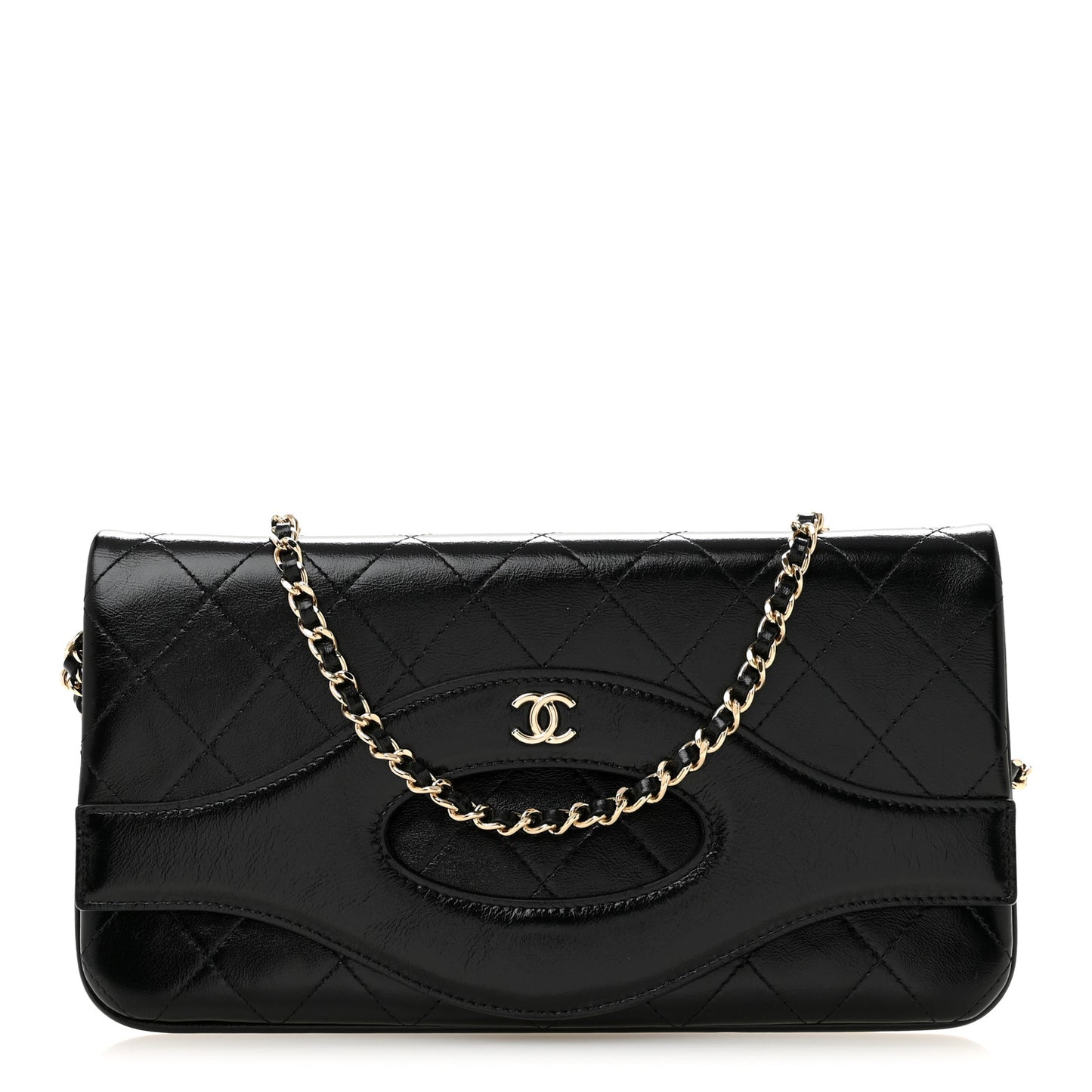 Shiny Crumpled Calfskin Quilted Clutch With Chain Black