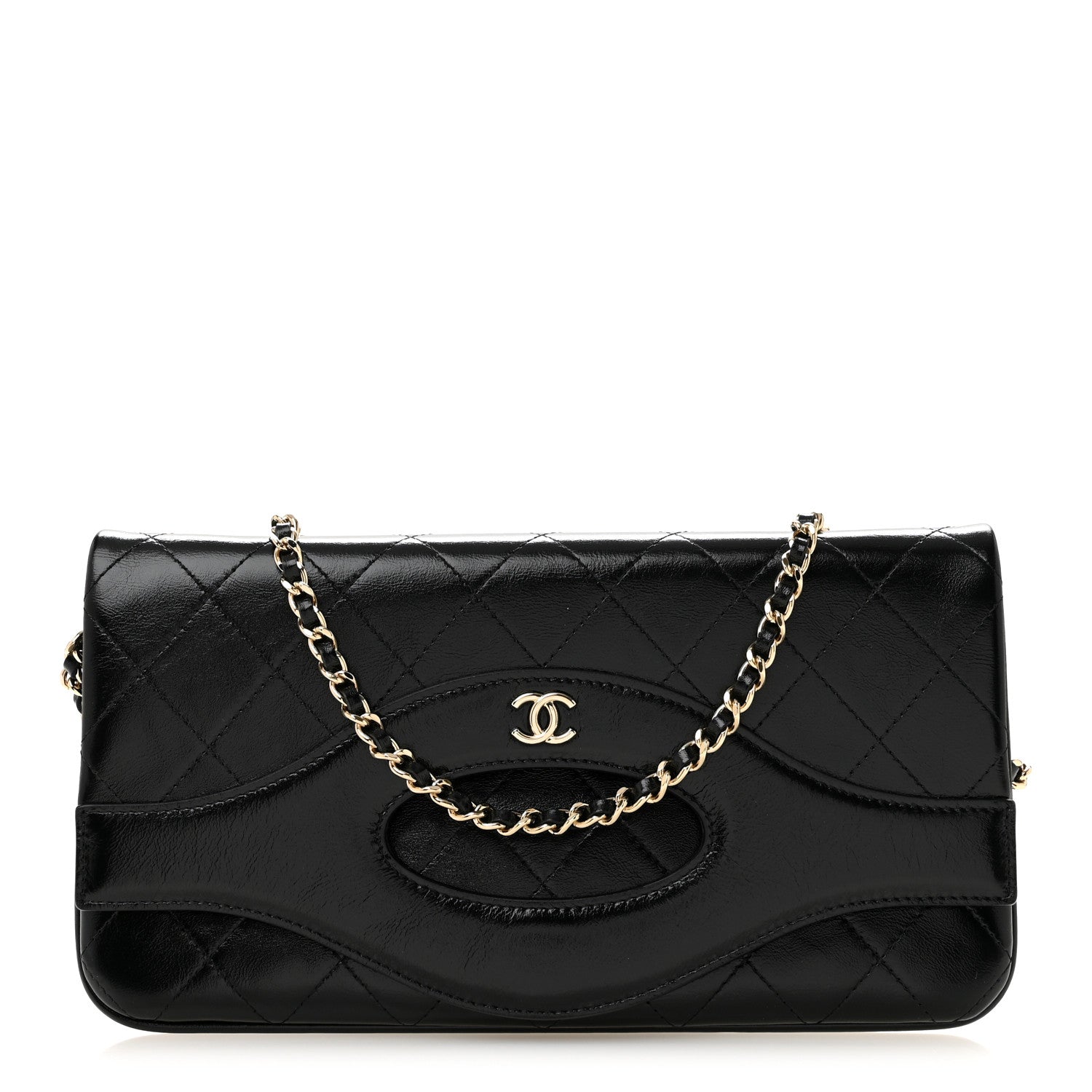 Chanel Shiny Crumpled Calfskin Quilted Clutch With Chain Black 1 of 9