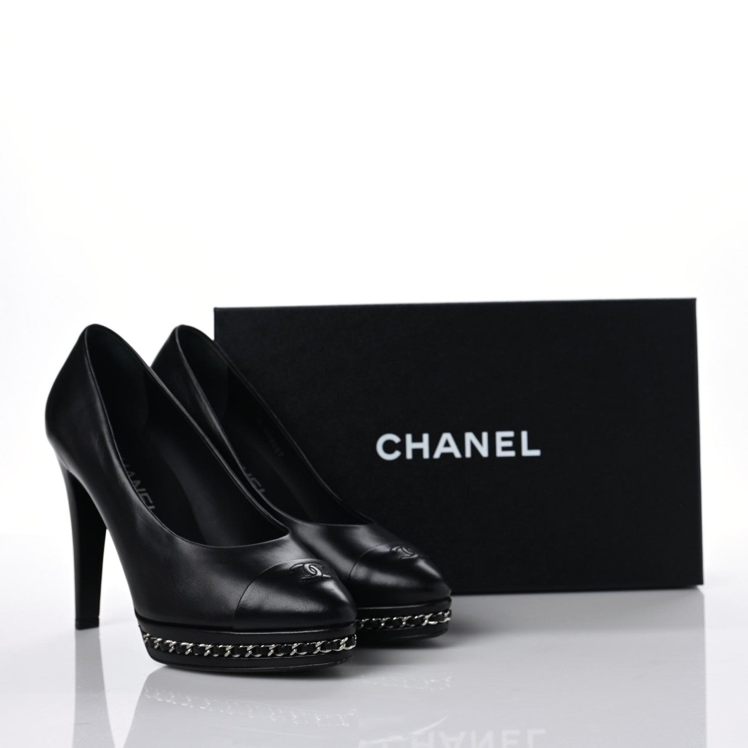 Chanel Calfskin Patent CC Cap Toe Platform Chain Pumps 38 Black 9 of 9