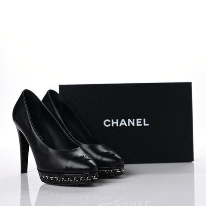 Chanel Calfskin Patent CC Cap Toe Platform Chain Pumps 38 Black 9 of 9