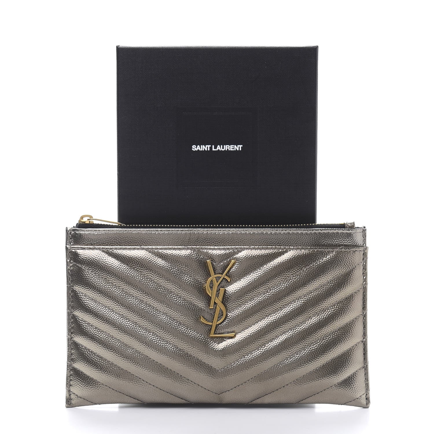 Saint Laurent Metallic Grain De Poudre Matelasse Chevron Monogram Bill Pouch Piombo 10 of 10