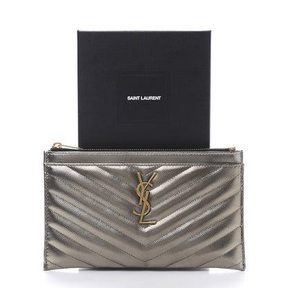 Saint Laurent Metallic Grain De Poudre Matelasse Chevron Monogram Bill Pouch Piombo 10 of 10