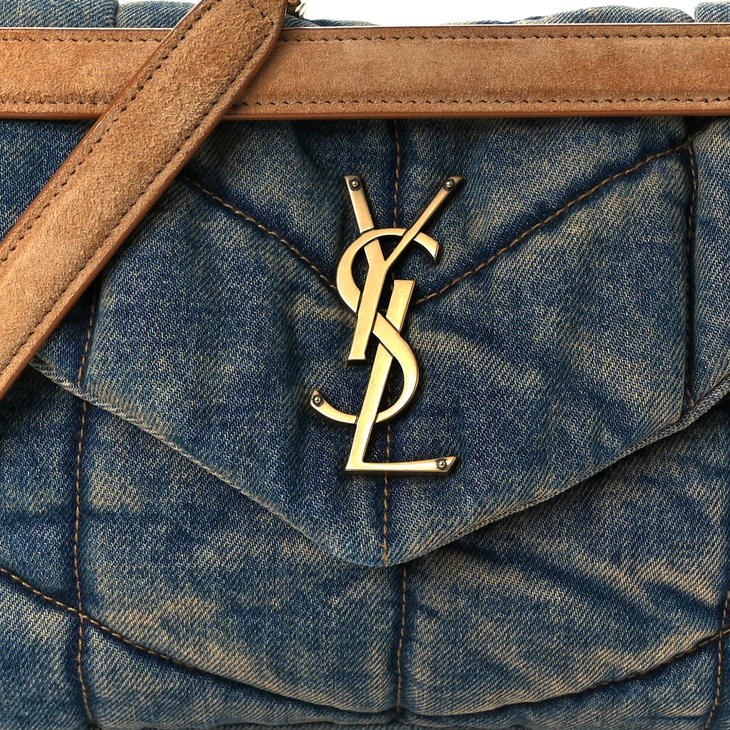 Denim Quilted Small Loulou Puffer Monogram Chain Satchel Blue Cinnamon