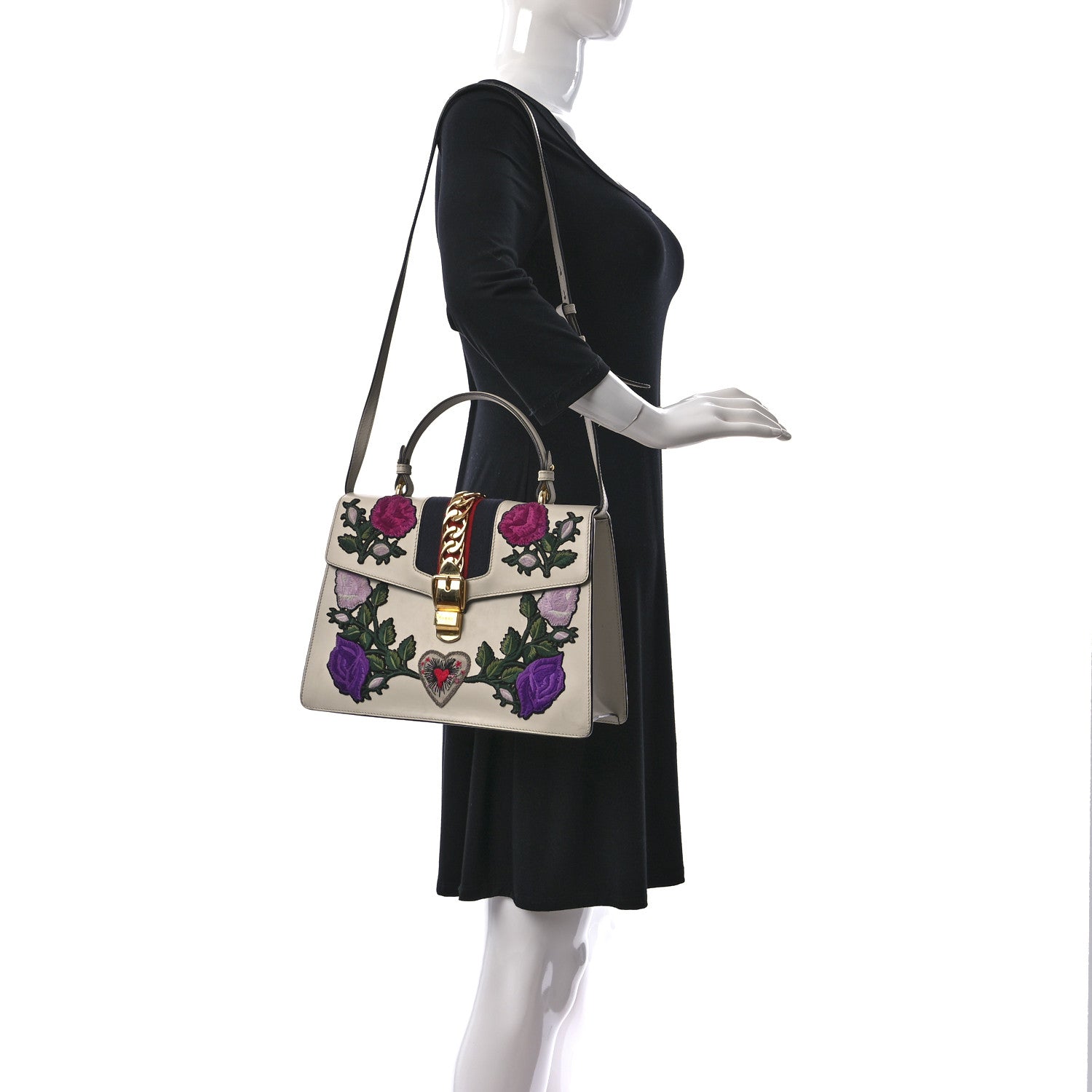 Gucci Calfskin Embroidered Medium Sylvie Top Handle Bag White 2 of 24