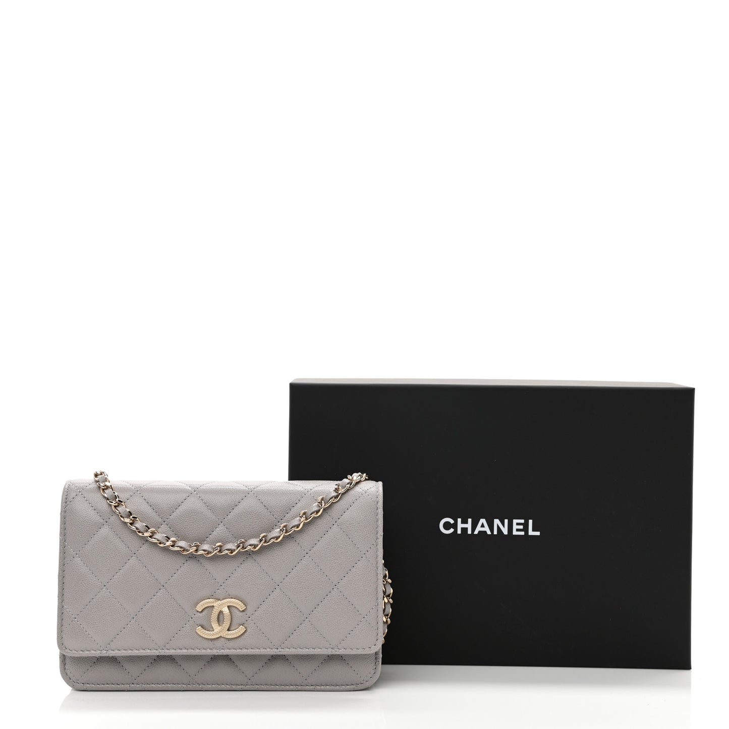 Caviar Quilted Studded CC Wallet On Chain WOC Grey