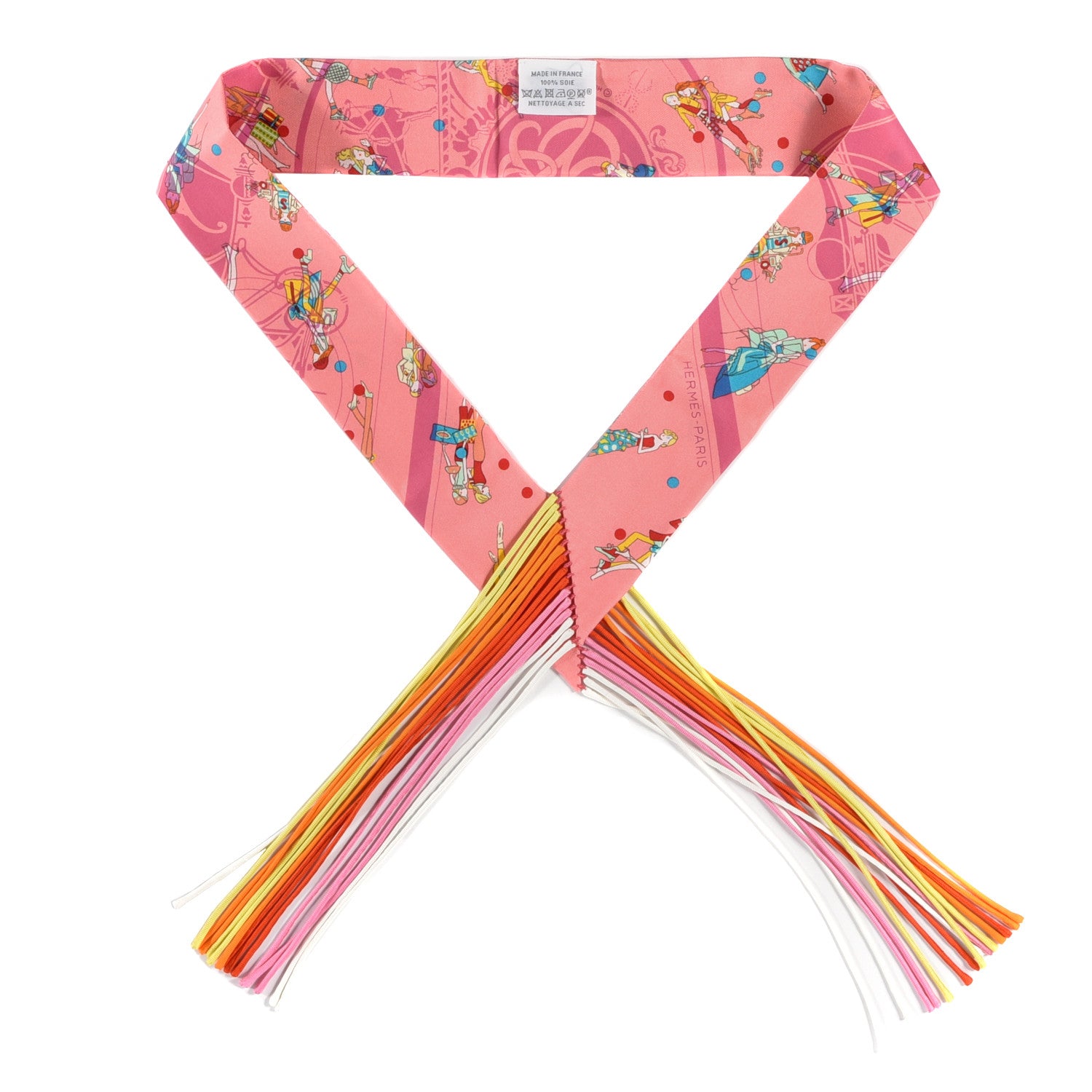 Hermes Silk Ex-Libris Les Parisie Fringed Twilly Rose Malabar Jaune 1 of 4
