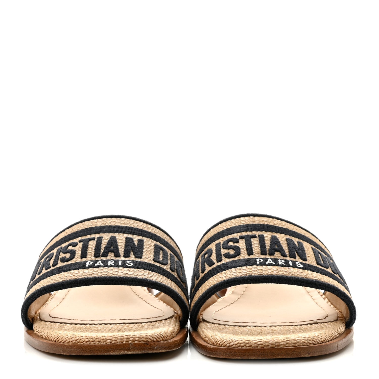 Christian Dior Straw Embroidered Dway 40mm Slide Sandals 37.5 Natural Black 3 of 9