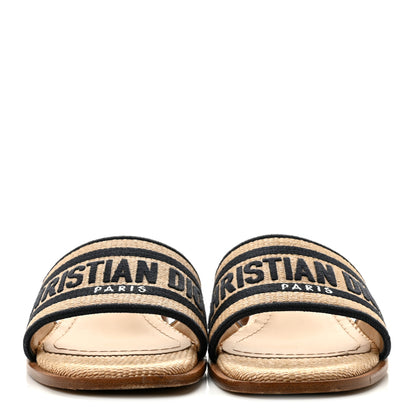 Christian Dior Straw Embroidered Dway 40mm Slide Sandals 37.5 Natural Black 3 of 9