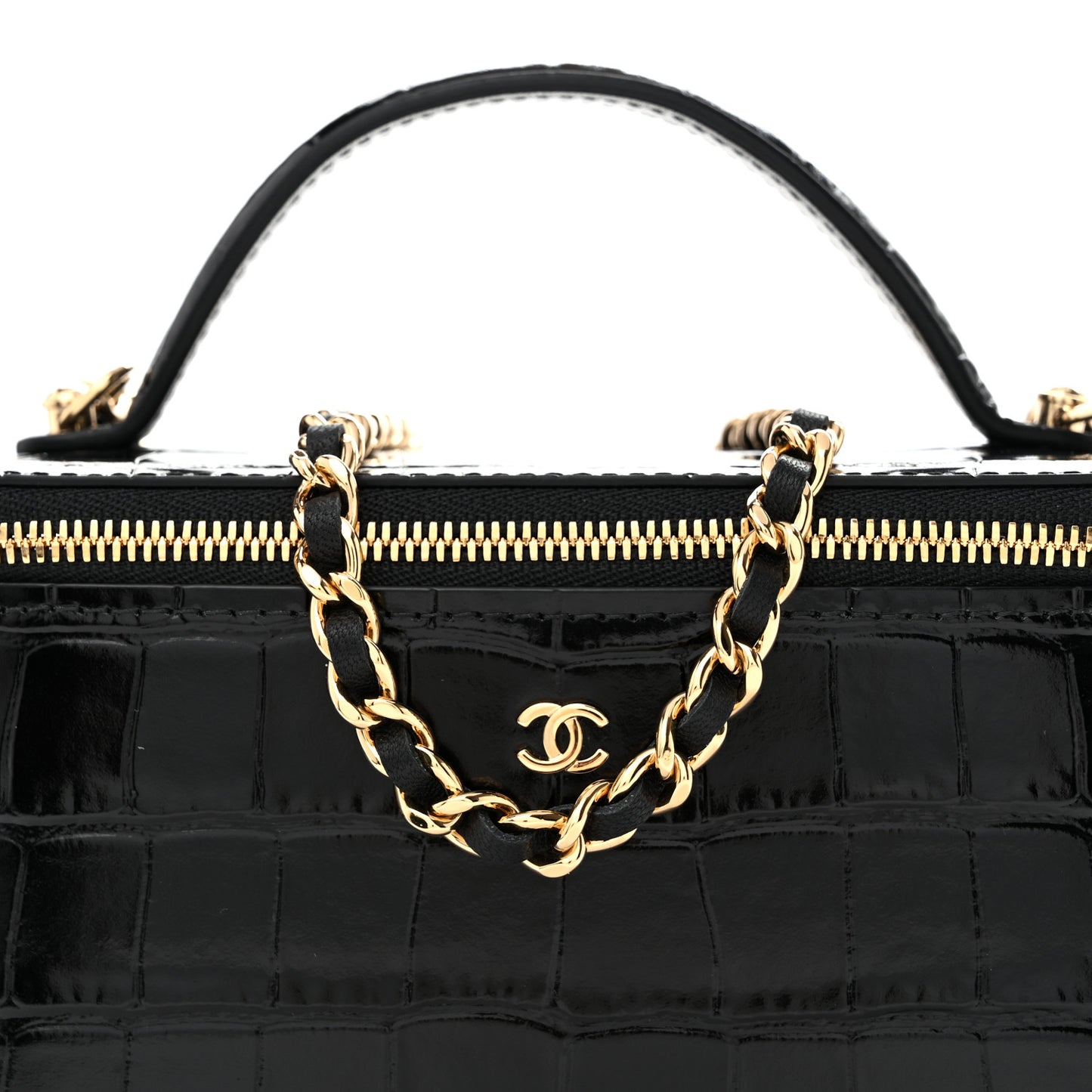 Calfskin Crocodile Embossed Exoticoco Small Top Handle Vanity Case With Chain Black