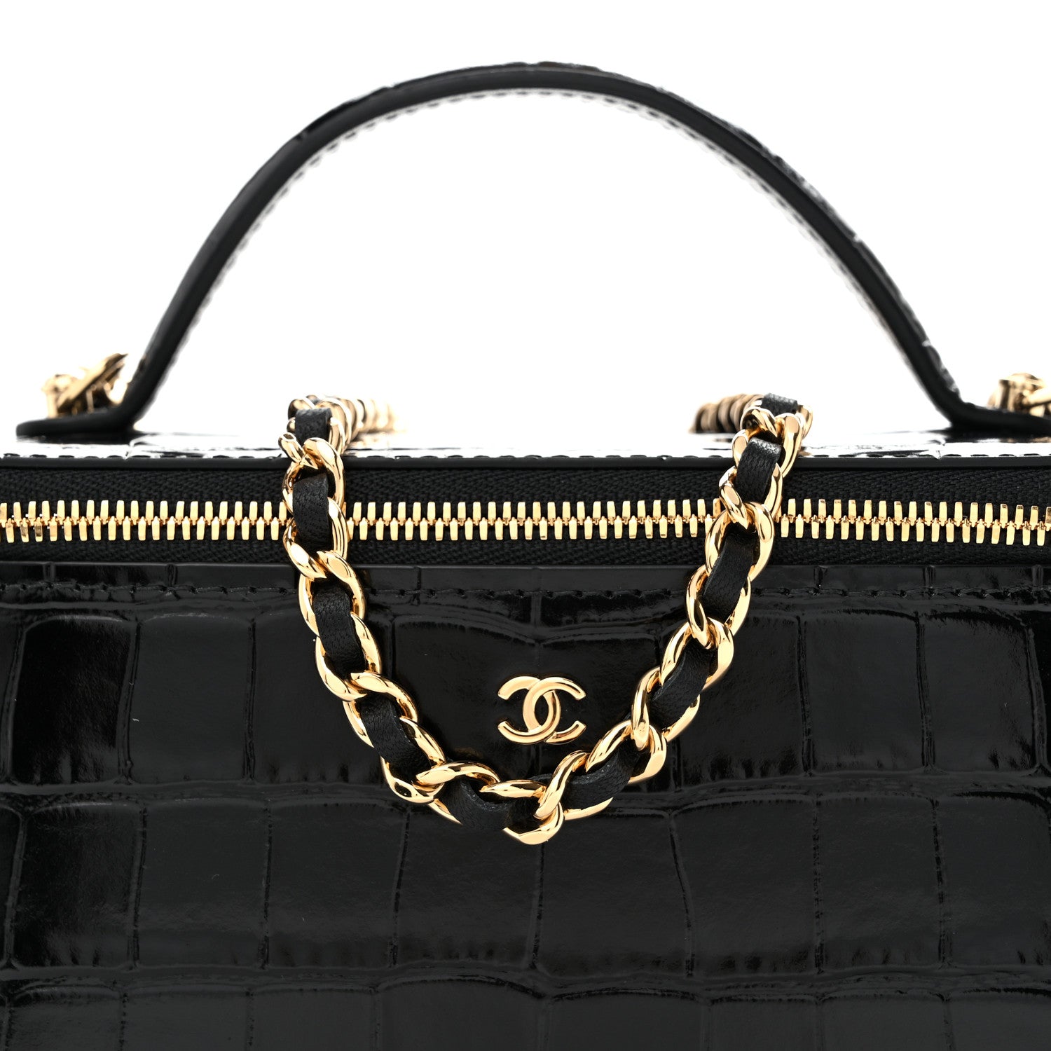 Chanel Calfskin Crocodile Embossed Exoticoco Small Top Handle Vanity Case With Chain Black 8 of 12