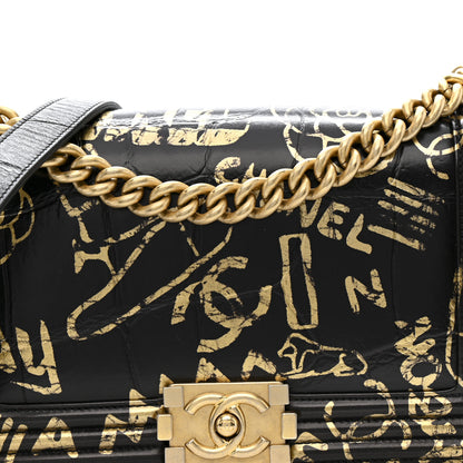 Chanel Calfskin Crocodile Embossed Graffiti Cocodile Medium Boy Flap Black 8 of 11