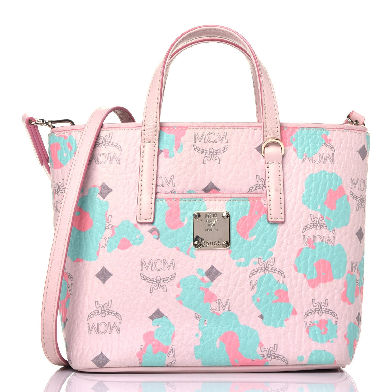 MCM Visetos Floral Leopard Mini Anya Top Zip Shopper Tote Pink 1 of 9