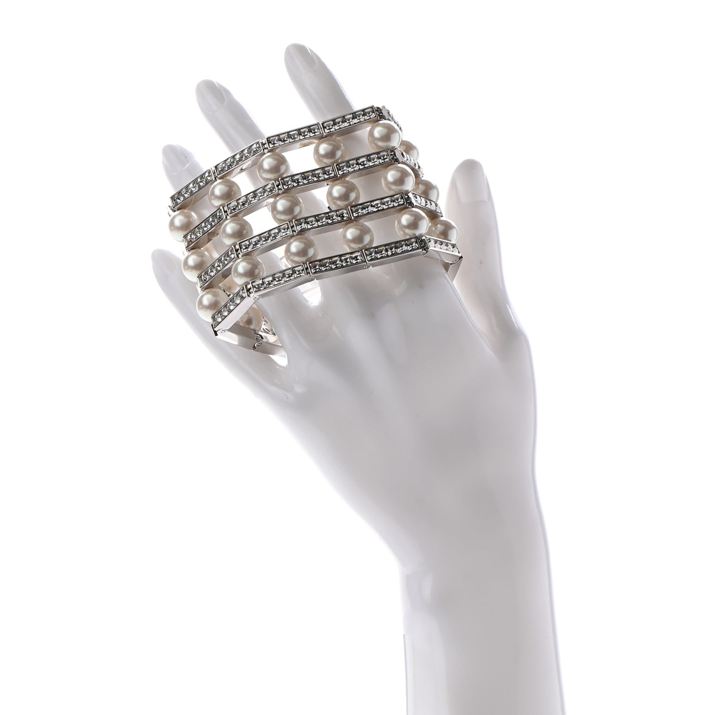Crystal Pearl CC Cuff Bracelet L Silver