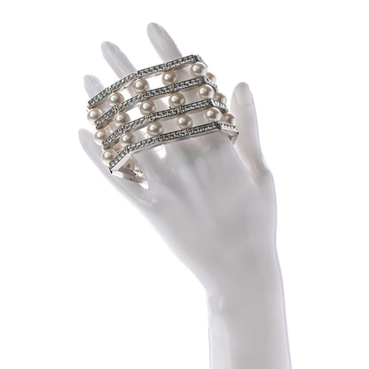 Chanel Crystal Pearl CC Cuff Bracelet L Silver 2 of 7