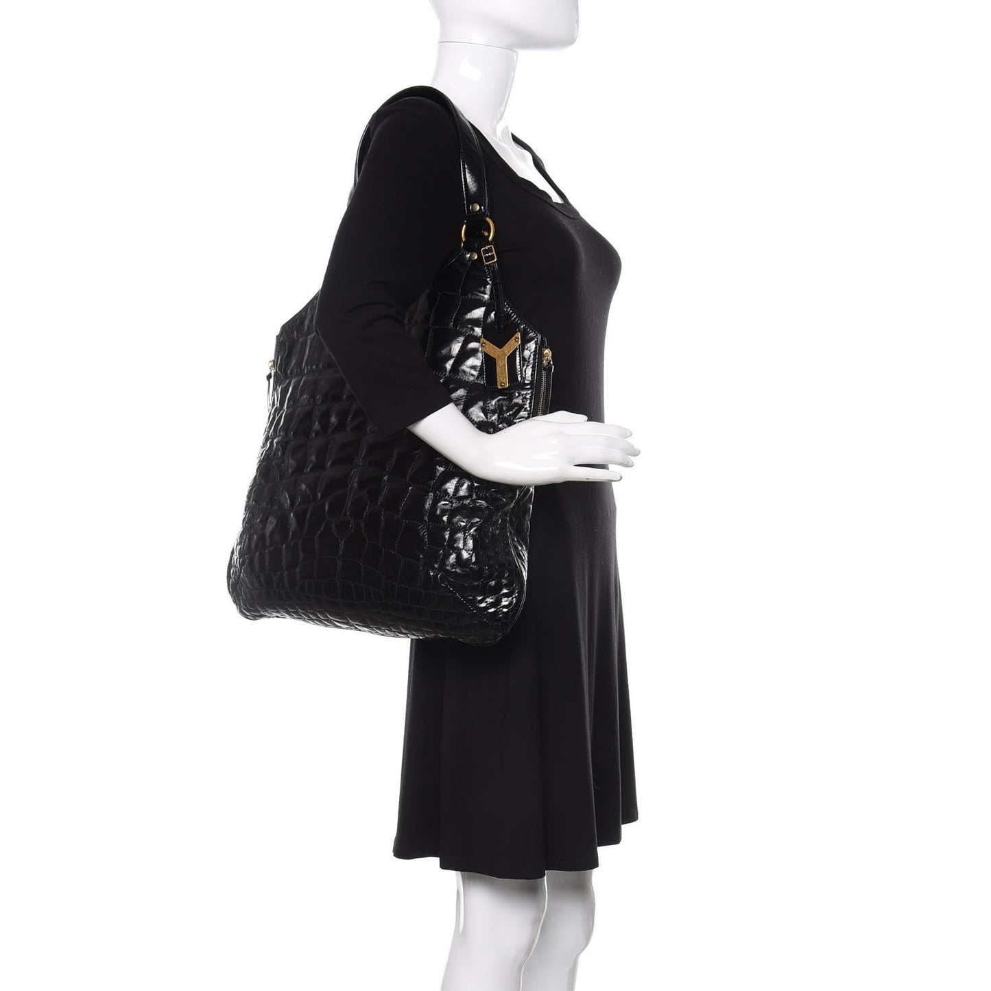 Patent Crocodile Embossed Tribute Tote Black