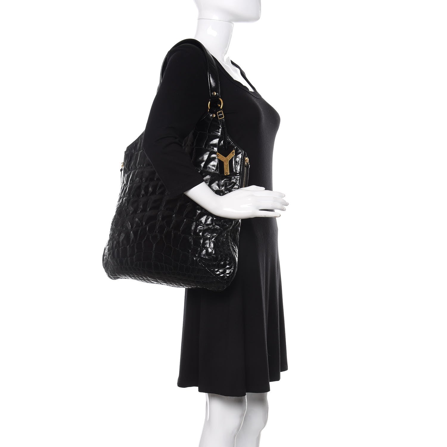 Saint Laurent Patent Crocodile Embossed Tribute Tote Black 2 of 11