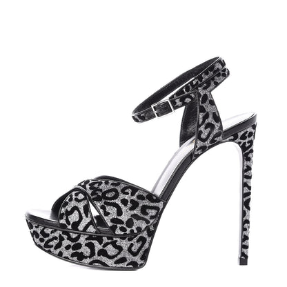Saint Laurent Velvet Glitter Leopard Print Platform Sandals 40 Argento Black 1 of 18