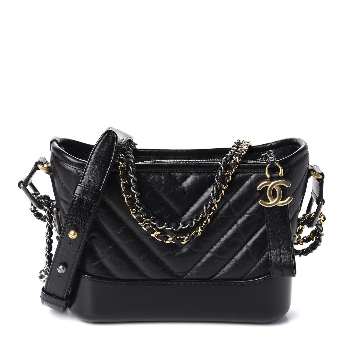 Aged Calfskin Chevron Quilted Small Gabrielle Hobo Black